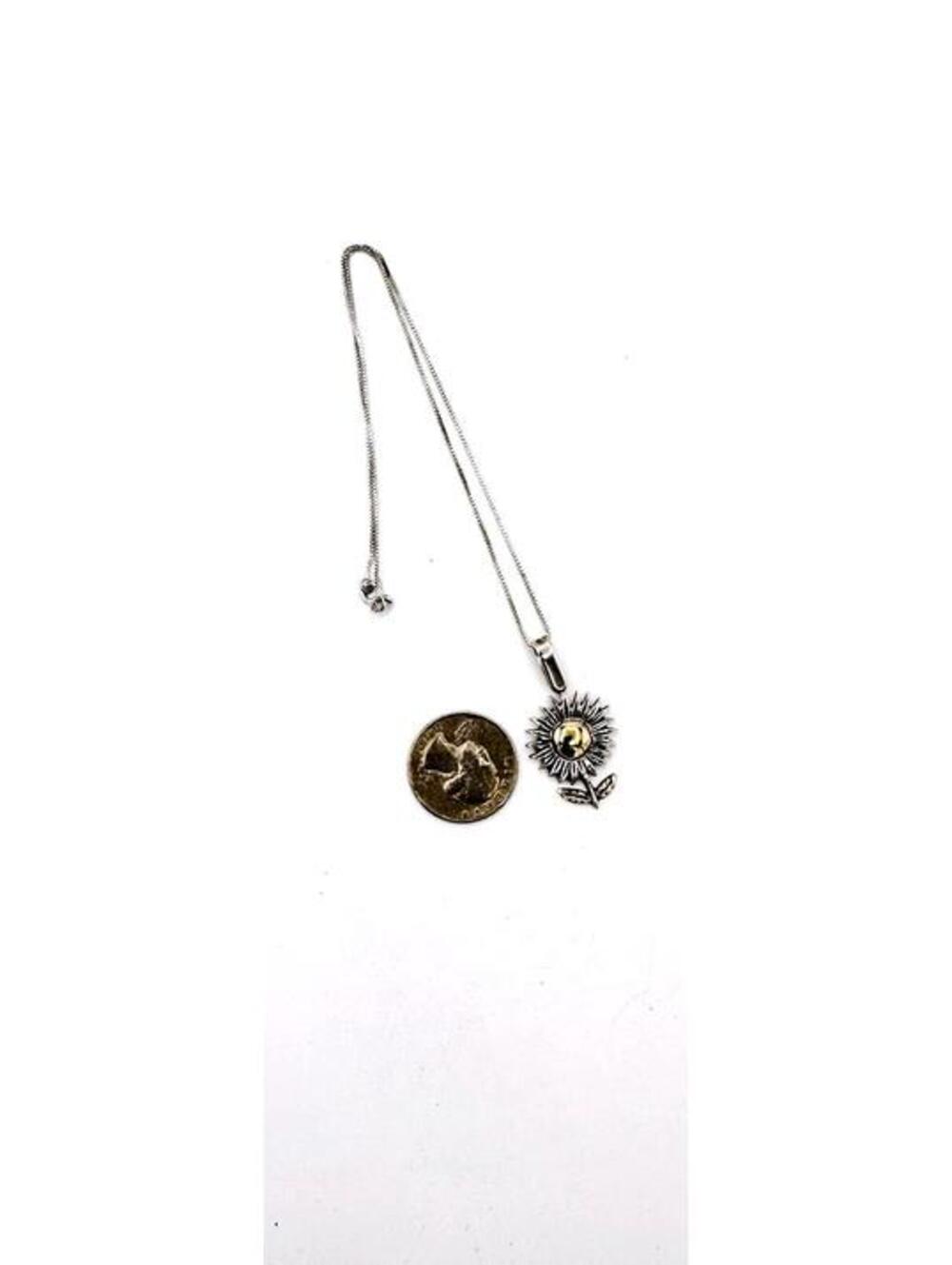 Sterling silver box chain with two tone Taztel sunflower plant pendant necklace - Picture 3 of 7